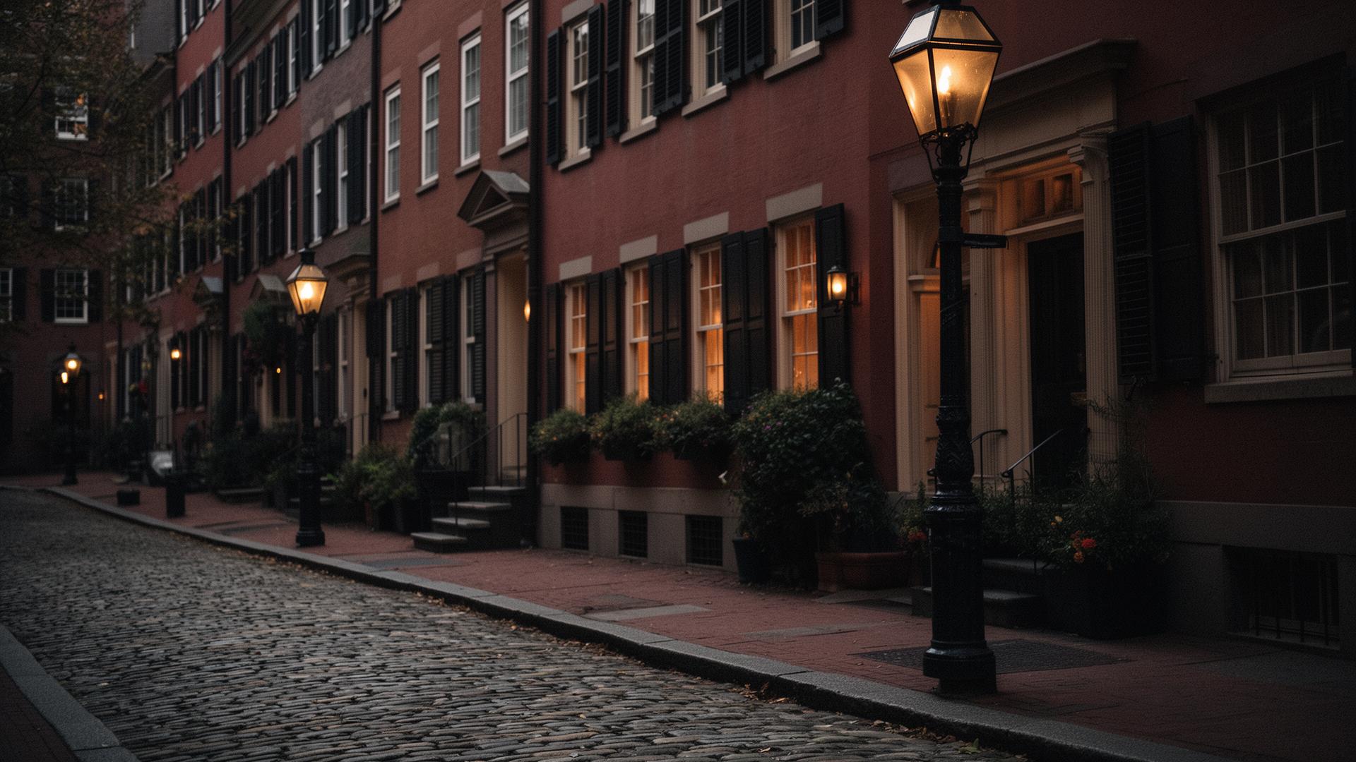 Boston Beacon Hill brownstones at dusk