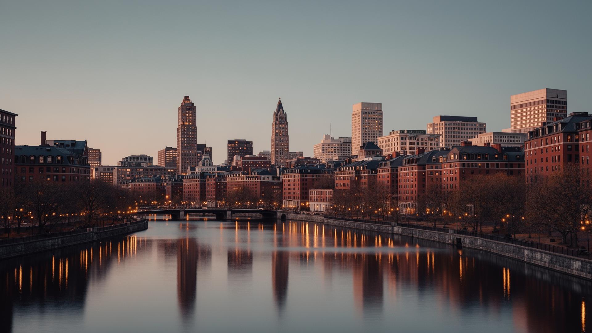 Boston skyline at golden hour along the Charles River