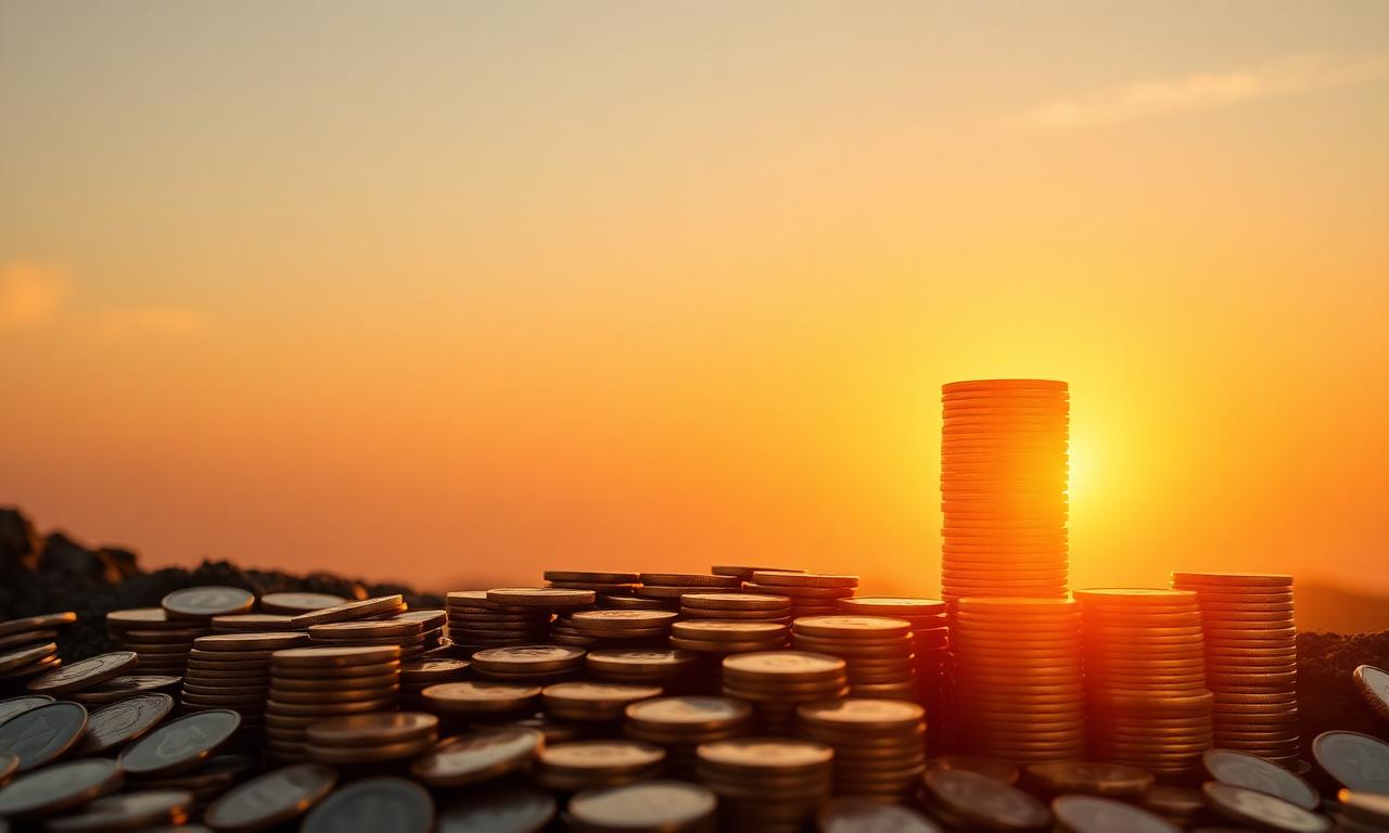 Coins rising like steps toward a sunrise, symbolizing income that lasts a lifetime