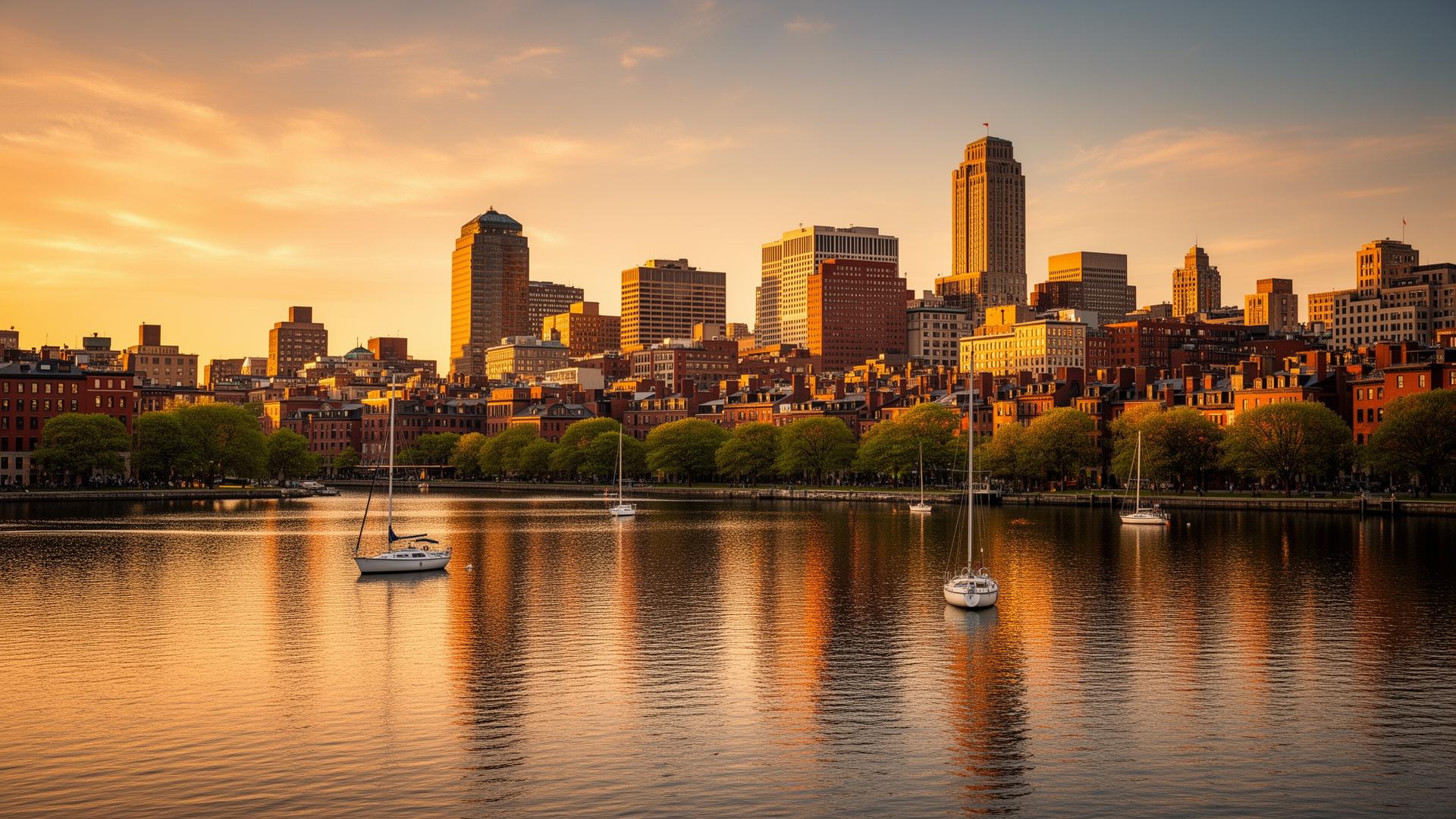 Boston skyline at golden hour over the Charles River